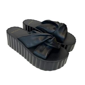 Tory Burch Knotted Scallop Wedge Platform Black Leather Slides